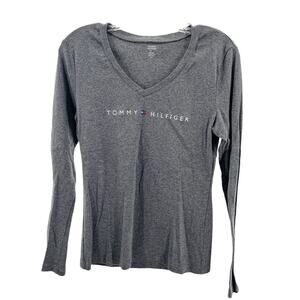 Tommy Hilfiger Gray Cotton V Neck Long Sleeve Classic Pullover T-Shirt Top L